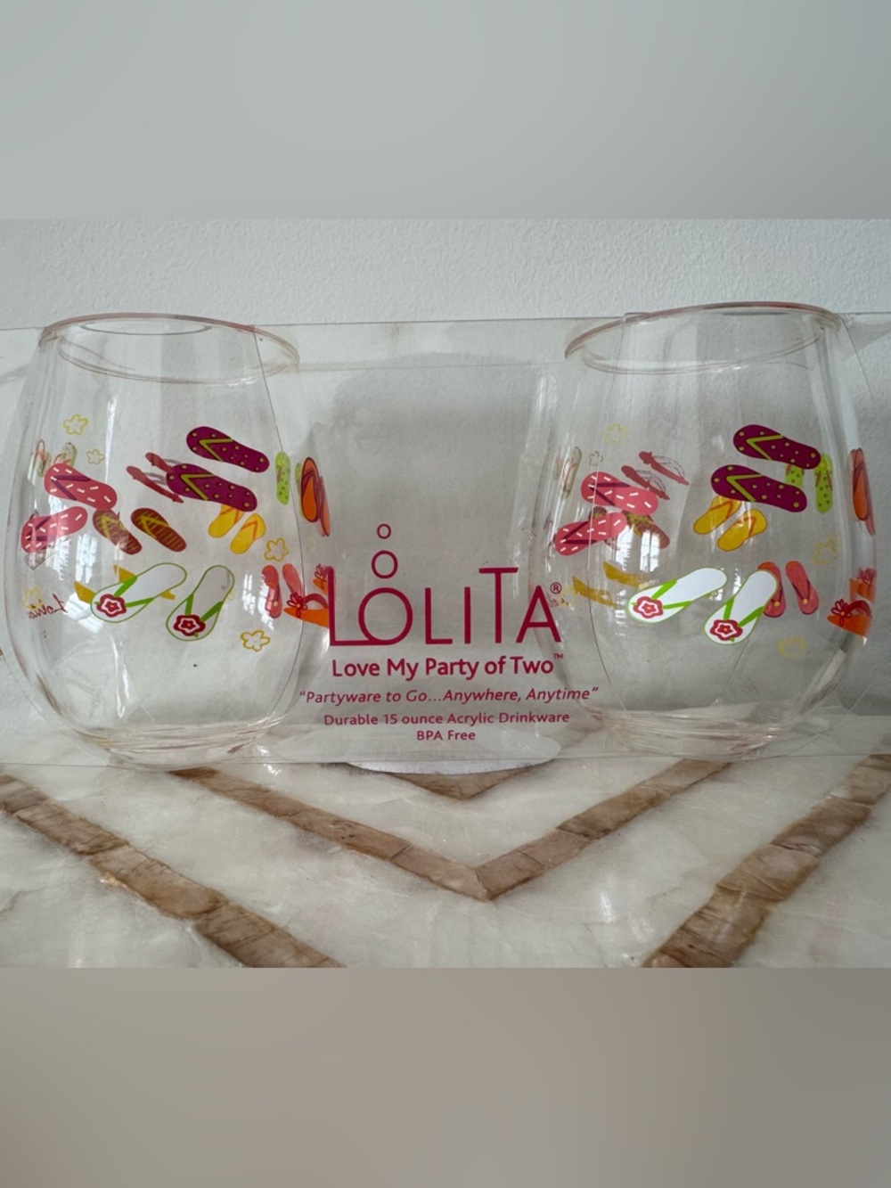 NWT Lolita 2 Flip Flop Stemless Acrylic Tumblers - Pink, Yellow, Green, Orange